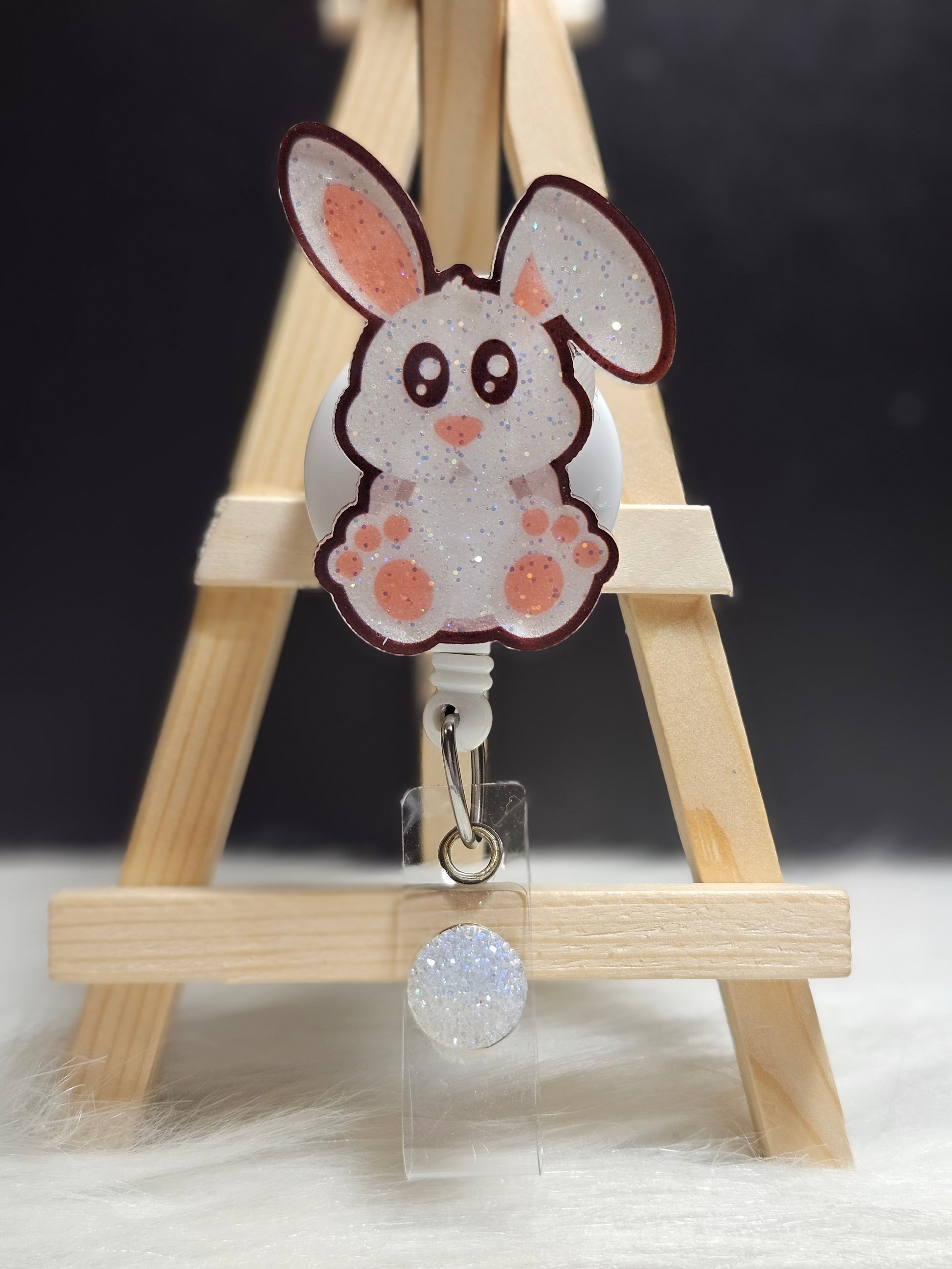 Cute Rabbit Badge Reel, Animal Badge, Resin Topper, Glitter Badge
