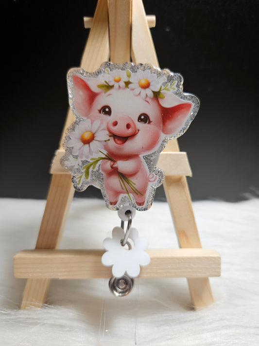 Pig With Daisy Badge Reel