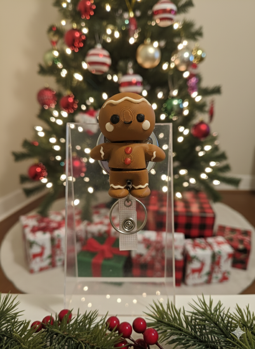 3D Printed Gingerbread Man Badge Reel - Festive Holiday Style